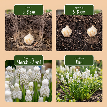 200x Muscari White Magic - Witte druifhyacint - Wit - Verwilderingsbol - Bolmaat 6/7